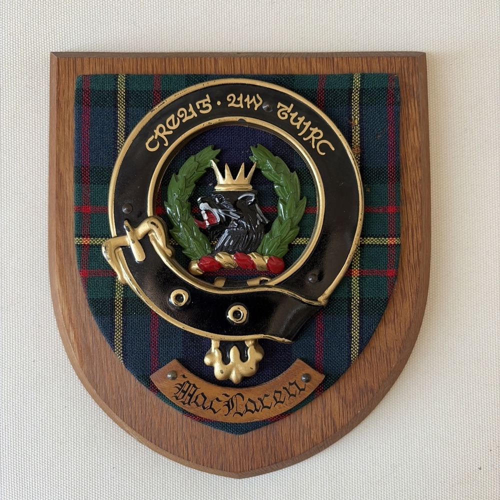 Old Vtg Scottish Coat Of Arms MacLaren Display Shield Plaque Crest Tartan Wood